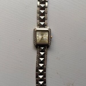 Styluxe Silver Pyramid Link Bracelet Watch with Crystal Accents